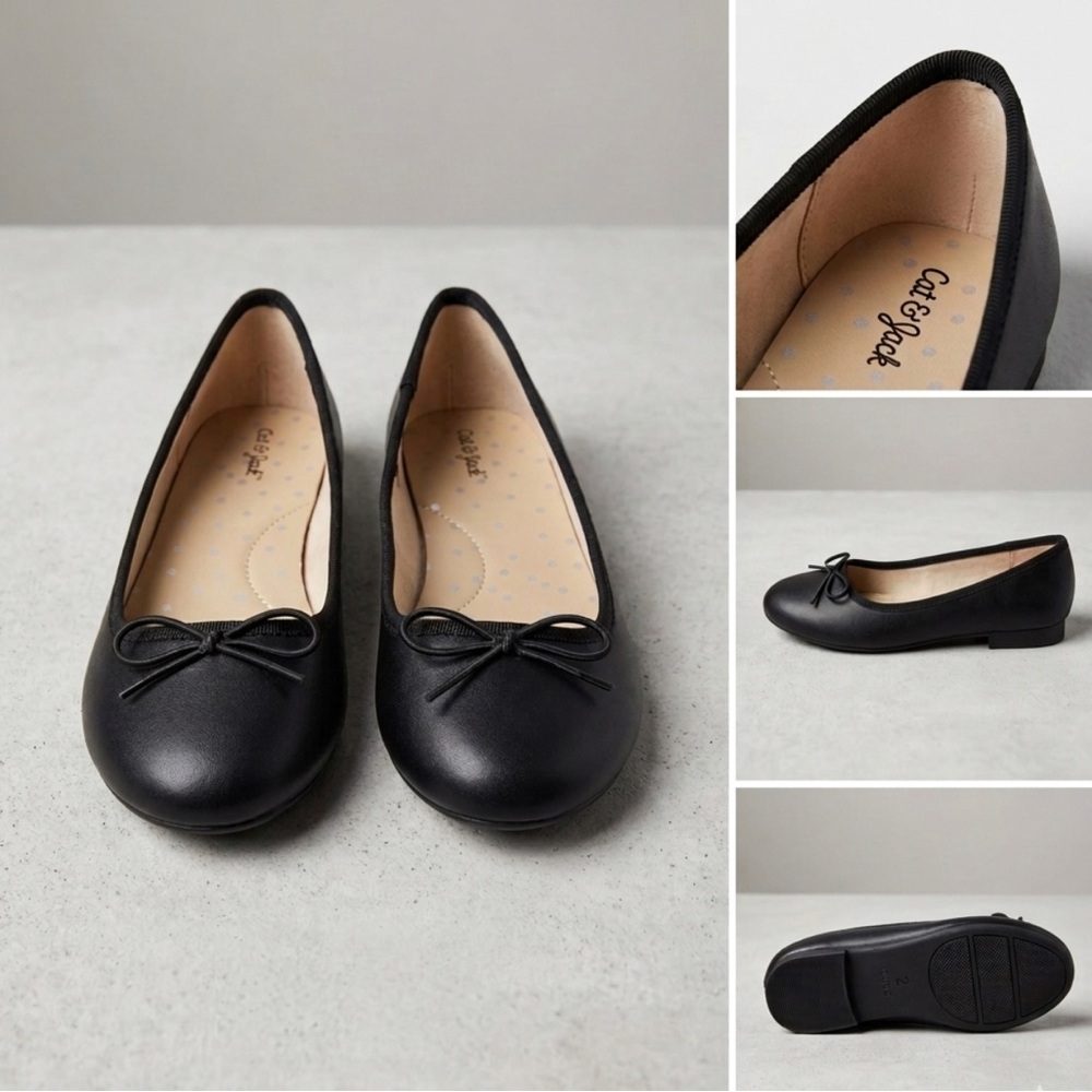 CAT&JACK Girls Diana Black Ballet Flats Shoes Size 2 Slip-On Bow Dressy School